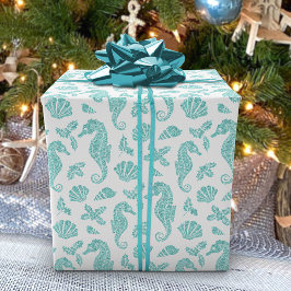 Beach Weihnachts Seepferd Glitzer Aqua White Geschenkpapier