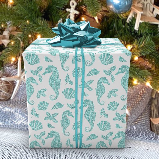 Beach Weihnachts Seepferd Glitzer Aqua White Geschenkpapier