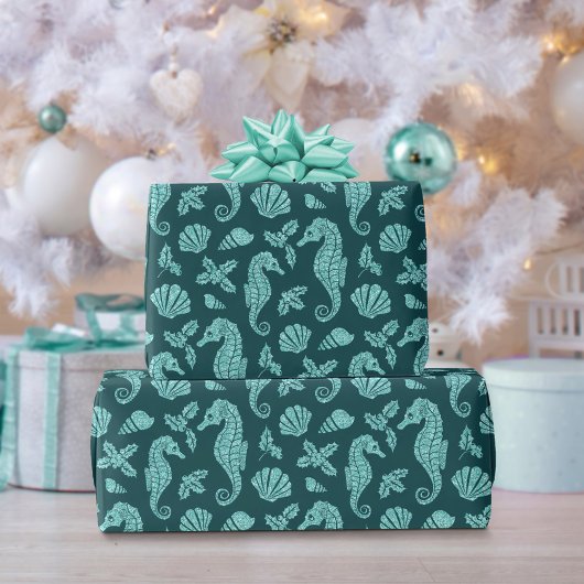 Beach Weihnachts Seepferd Glitzer Aquamarin Aqua Geschenkpapier