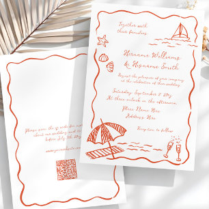 Beach Whimsical Red Hand Drawn QR UAWG Wedding Einladung