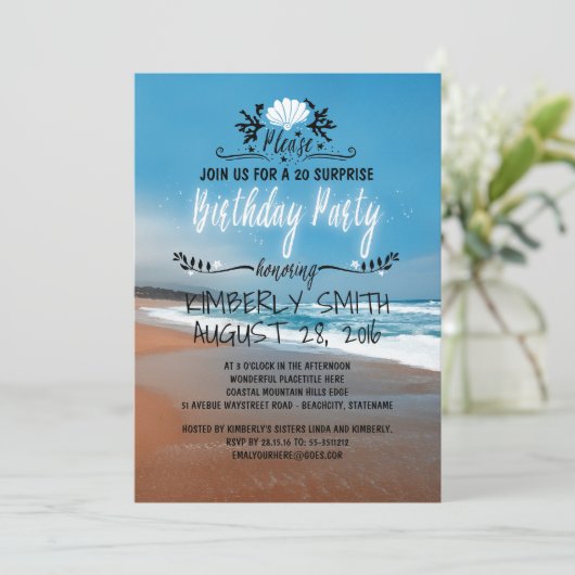 Beach Whimsical und Blue Seaside Birthday Party Einladung (Stehend Vorderseite)