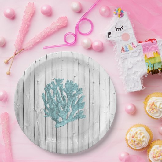 Beach Wood Aquamarin Korallenpapier Teller (Party)