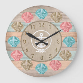 Beach Wood Nautical Seashells & Anchor Große Wanduhr