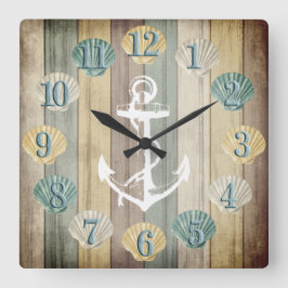 Beach Wood Nautical Stripes mit Anchor Square Wa Quadratische Wanduhr