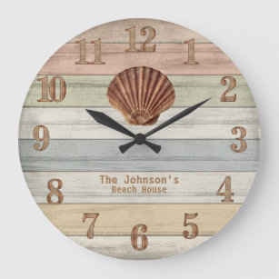 Beach Wood Nautical Stripes & Seashell Large Clock Große Wanduhr
