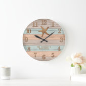 Beach Wood Nautical Stripes & Starfish Große Wanduhr (Zuhause)