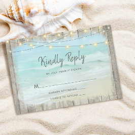 Beach Wood Rustic String Lights Wedding RSVP Karte