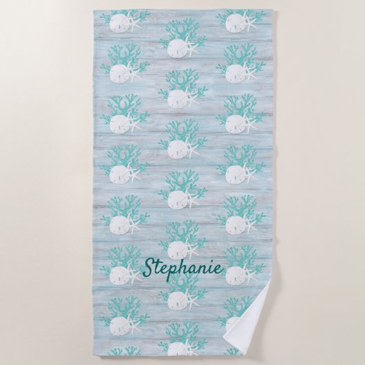 Beach Wood Sand Dollar Starfish Aqua Glitzer Strandtuch (Vorderseite)