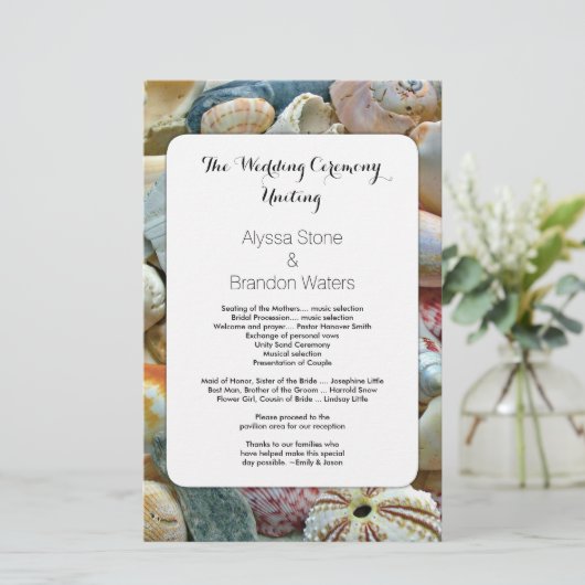 Beachcombers Seashell 5x8 Custom Wedding Programm (Stehend Vorderseite)