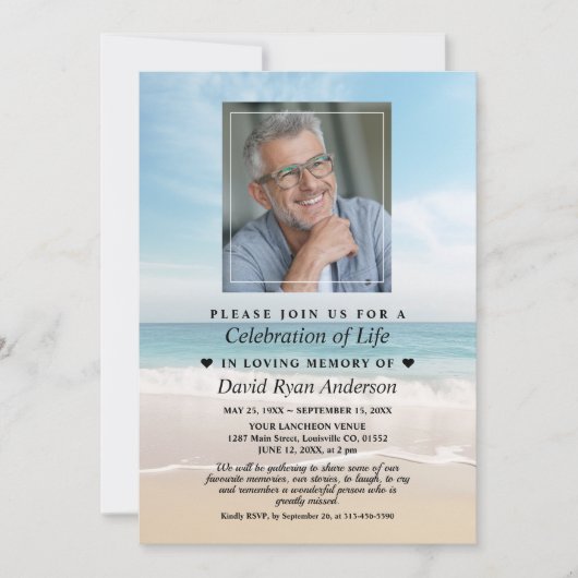 Beachfeier zum Foto der Beerdigung Einladung (Vorderseite)