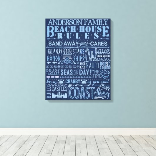 Beachhouse reguliert Blue Custom Family Hütte Sign Leinwanddruck (Insitu (Holzboden))