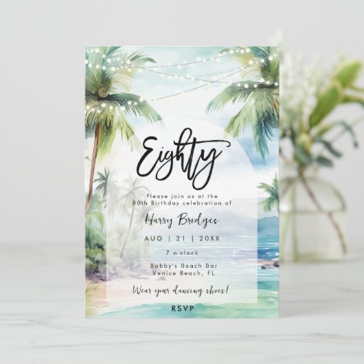 Beachpalmen 80. Geburtstagsparty Einladung (Stehend Vorderseite)