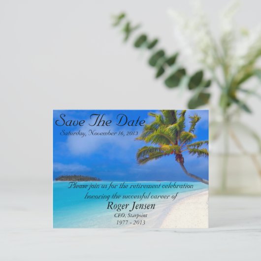 Beachruhestand Save the Date Postkarte (Stehend Vorderseite)
