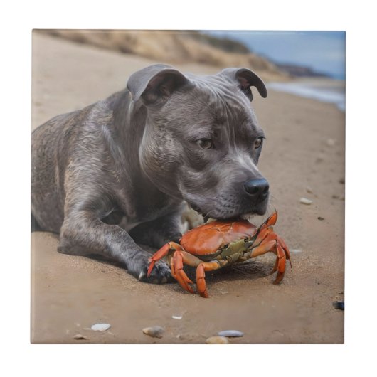 "Beachside Pals: Ein Staffy und sein Krabbenbeglei Fliese (Vorderseite)