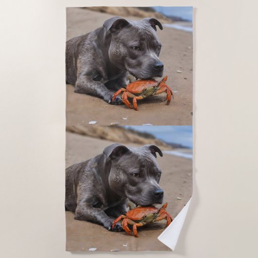 "Beachside Pals: Ein Staffy und sein Krabbenbeglei Strandtuch (Vorderseite)