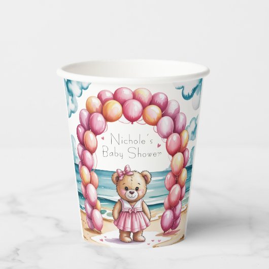 Beachside Teddy Bear Balloon Girl Baby Dusche Pappbecher (Vorderseite)