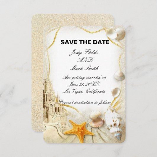 Beachsschlösser Hochzeit Sichern Sie die Datumskar Save The Date (Vorne/Hinten)
