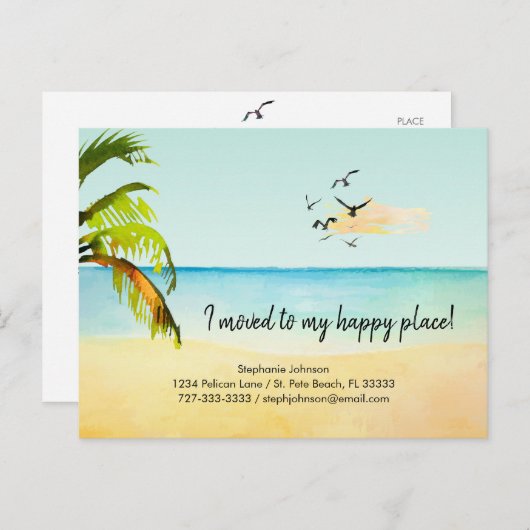 Beachszene Ich zog zu meinem glücklichen Platz neu Ankündigungspostkarte (Vorne/Hinten)