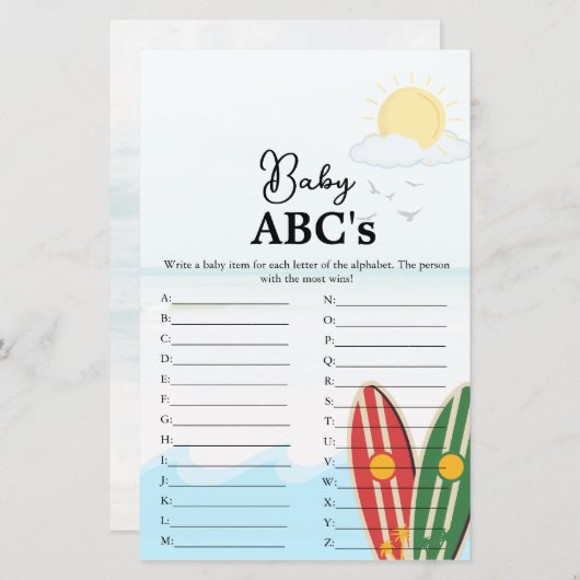 Beachthema Baby Abc's Baby-Dusche-Spiel (Vorne/Hinten)