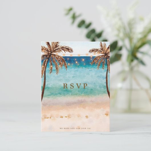 Beachtropische Hochzeit Rsvp Postkarte (Stehend Vorderseite)