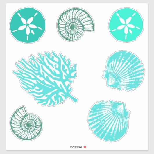 Beachy Blue Sand Dollar and Seashells Set Aufkleber (Blatt)