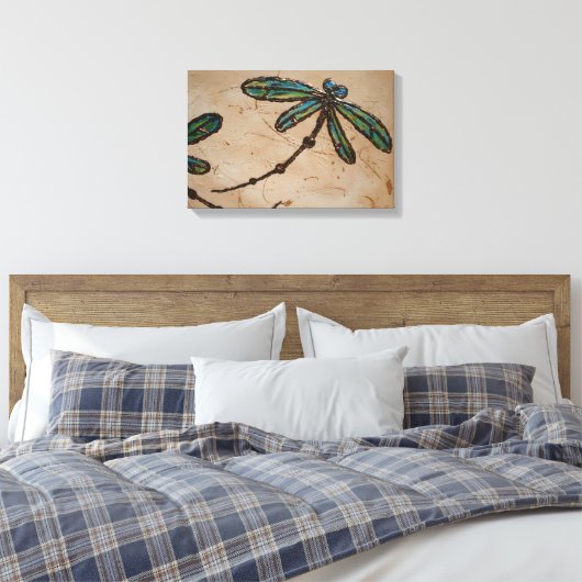 Beachy Blue und Green Dragonfly Flit Leinwanddruck (Insitu (Schlafzimmer))