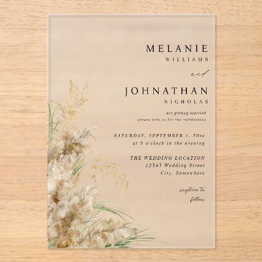 Beachy Boho Pampas Grass Wedding 2 Acryleinladungen (Vorderseite)