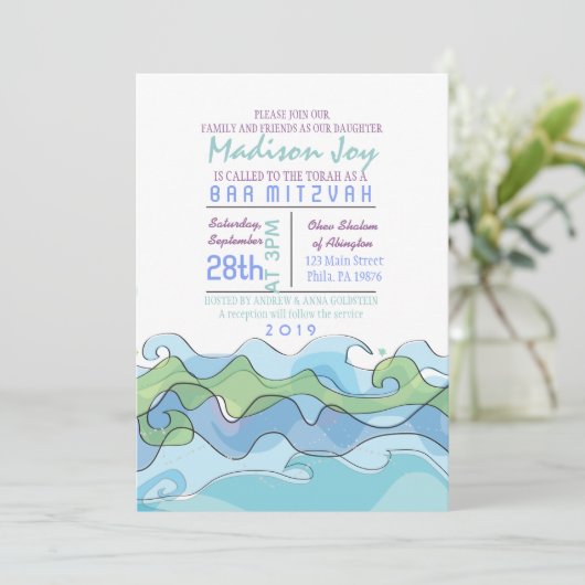 BEACHY Ocean Wave Bar Bat Mitzvah Einladung (Stehend Vorderseite)