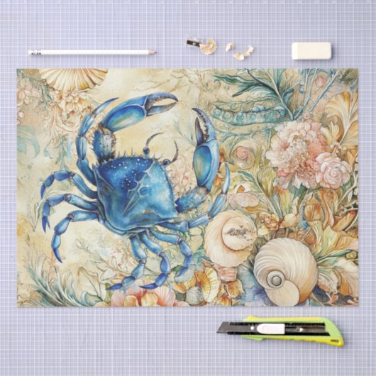 Beachy Pastel  Blue Crab & Shells Decoupage  Seidenpapier (Handwerk)