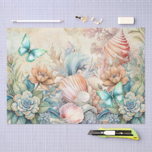 Beachy Pastel Butterflies &  Seashells Decoupage  Seidenpapier (Handwerk)