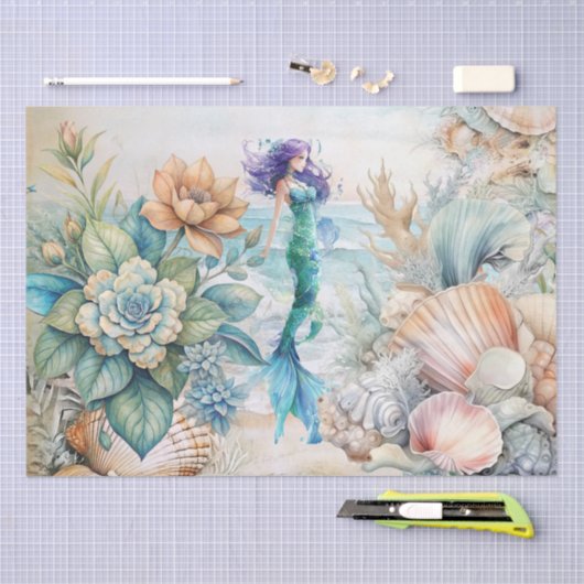 Beachy Pastel Floral Mermaid & Shells Decoupage Seidenpapier (Handwerk)