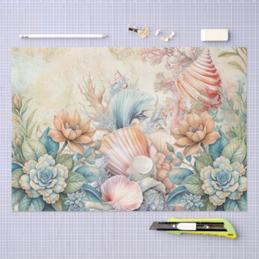 Beachy Pastel Floral Seashells Decoupage  Seidenpapier (Handwerk)