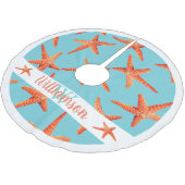 Beachy rote Küstenstarfish-cyan-blauer blauer Polyester Weihnachtsbaumdecke (Schrägansicht)