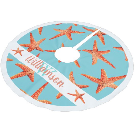 Beachy rote Küstenstarfish-cyan-blauer blauer Polyester Weihnachtsbaumdecke (Schrägansicht)