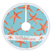 Beachy rote Küstenstarfish-cyan-blauer blauer Polyester Weihnachtsbaumdecke (Vorderseite)