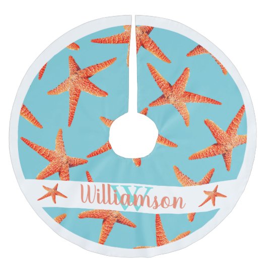 Beachy rote Küstenstarfish-cyan-blauer blauer Polyester Weihnachtsbaumdecke (Vorderseite)