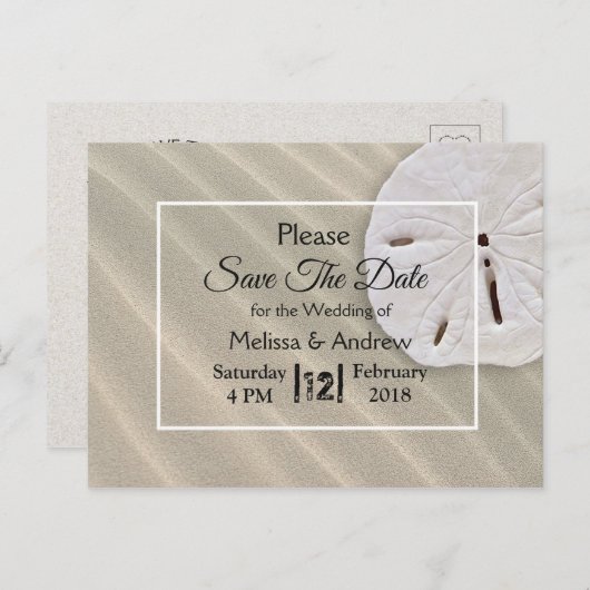 Beachy Sand Dollar Themed Wedding Save the Date Ankündigungspostkarte (Vorne/Hinten)