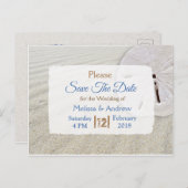 Beachy Sand Dollar Themed Wedding Save the Date Ankündigungspostkarte (Vorne/Hinten)