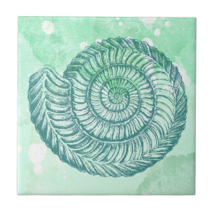 Beachy Spiral Seashell Blue Watercolor Fliese