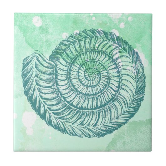 Beachy Spiral Seashell Blue Watercolor Fliese (Vorderseite)