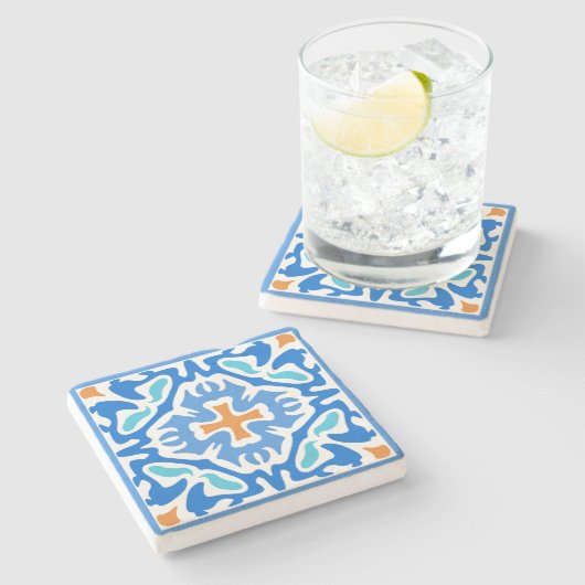 Beachy Summer Blue Spanish Tile mit Orange Akzent Steinuntersetzer (Seitenansicht)