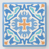 Beachy Summer Blue Spanish Tile mit Orange Akzent Steinuntersetzer (Vorderseite)
