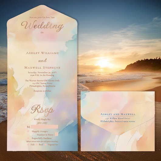 Beachy Sunset Gradient Rose Gold Foil Wedding All-in-One-Einladung