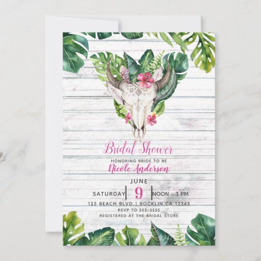 Beachy Wood Boho Skull Tropical Floral Blätter Einladung (Vorderseite)