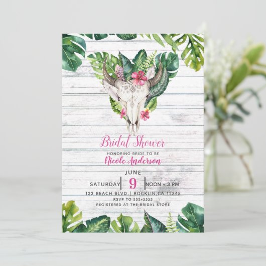 Beachy Wood Boho Skull Tropical Floral Blätter Einladung (Stehend Vorderseite)