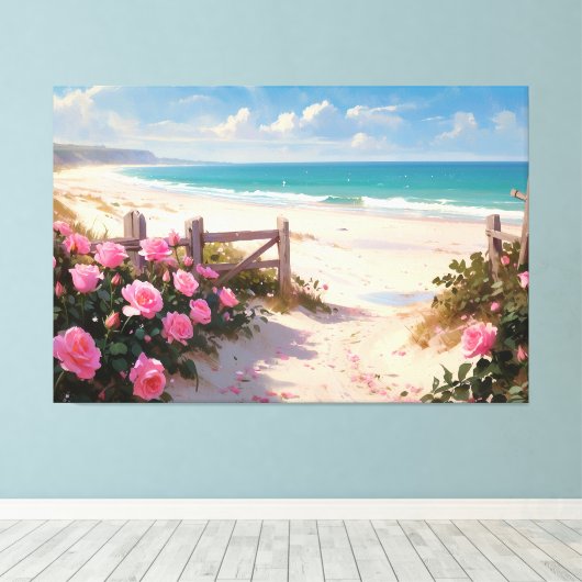 *~* Beachzaun Rose TV2 Stretched Canvas Print Leinwanddruck (Insitu (Holzboden))