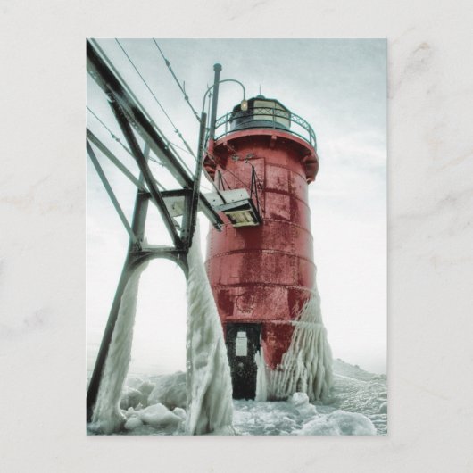 Beacon Frozen Red South Haven Leuchtturm Winter Postkarte (Vorderseite)
