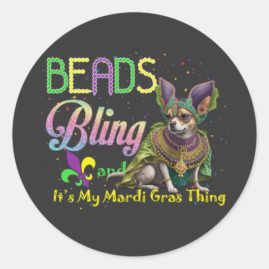Beads Bling Chihuahua Mardi Gras Thing Carnival Runder Aufkleber (Vorderseite)