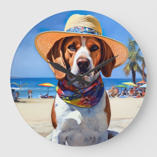 Beagle am Strand, Sommergeschenk für Hundefreunde Große Wanduhr (Vorderseite)