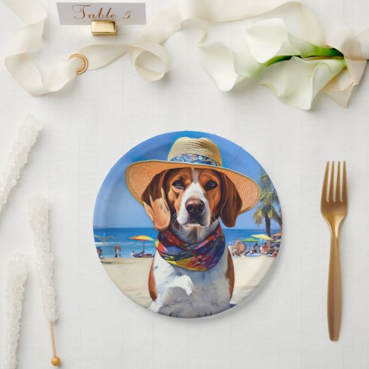 Beagle am Strand, Sommergeschenk für Hundefreunde Pappteller (Hochzeit)